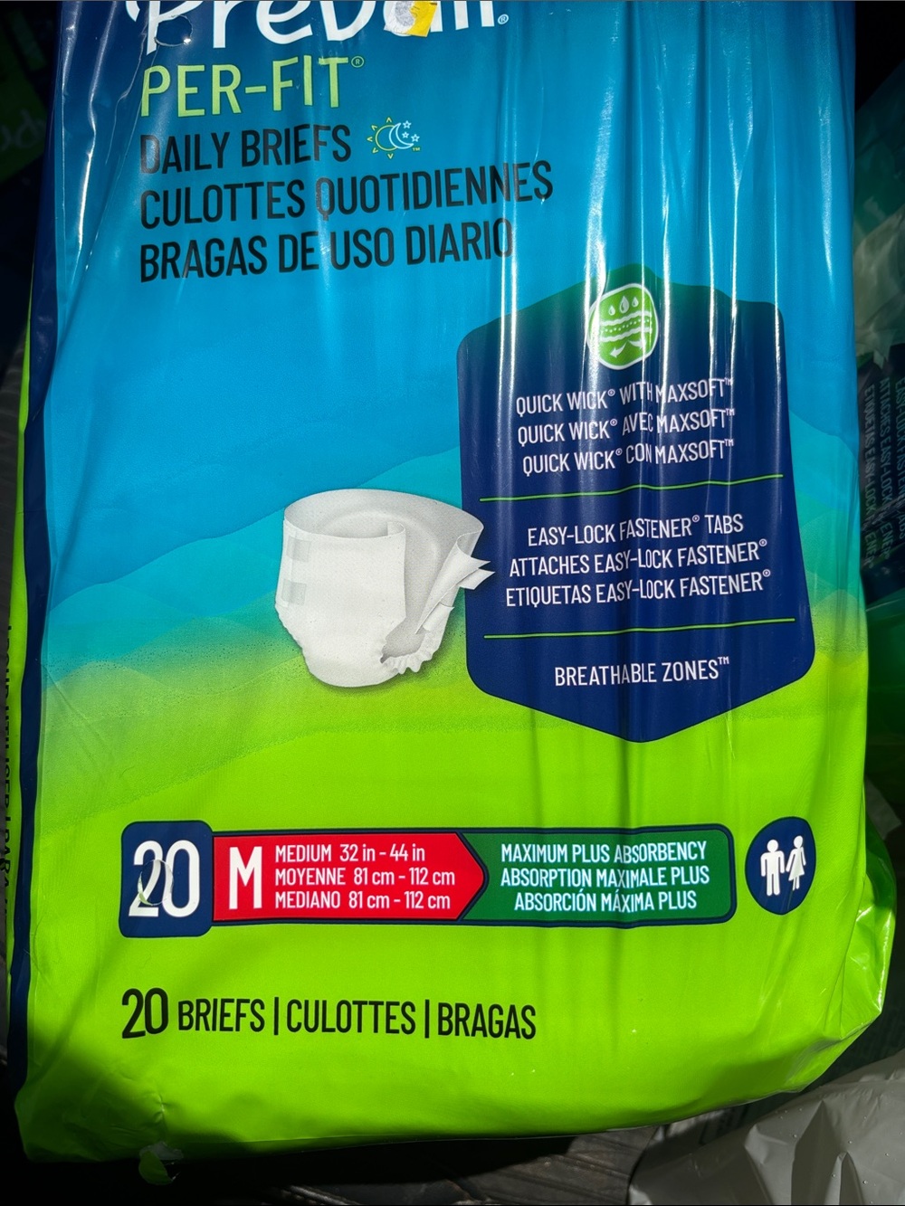 3 pack of 20 Prevail PER-FIT Daily Briefs - Blue/Green Packaging